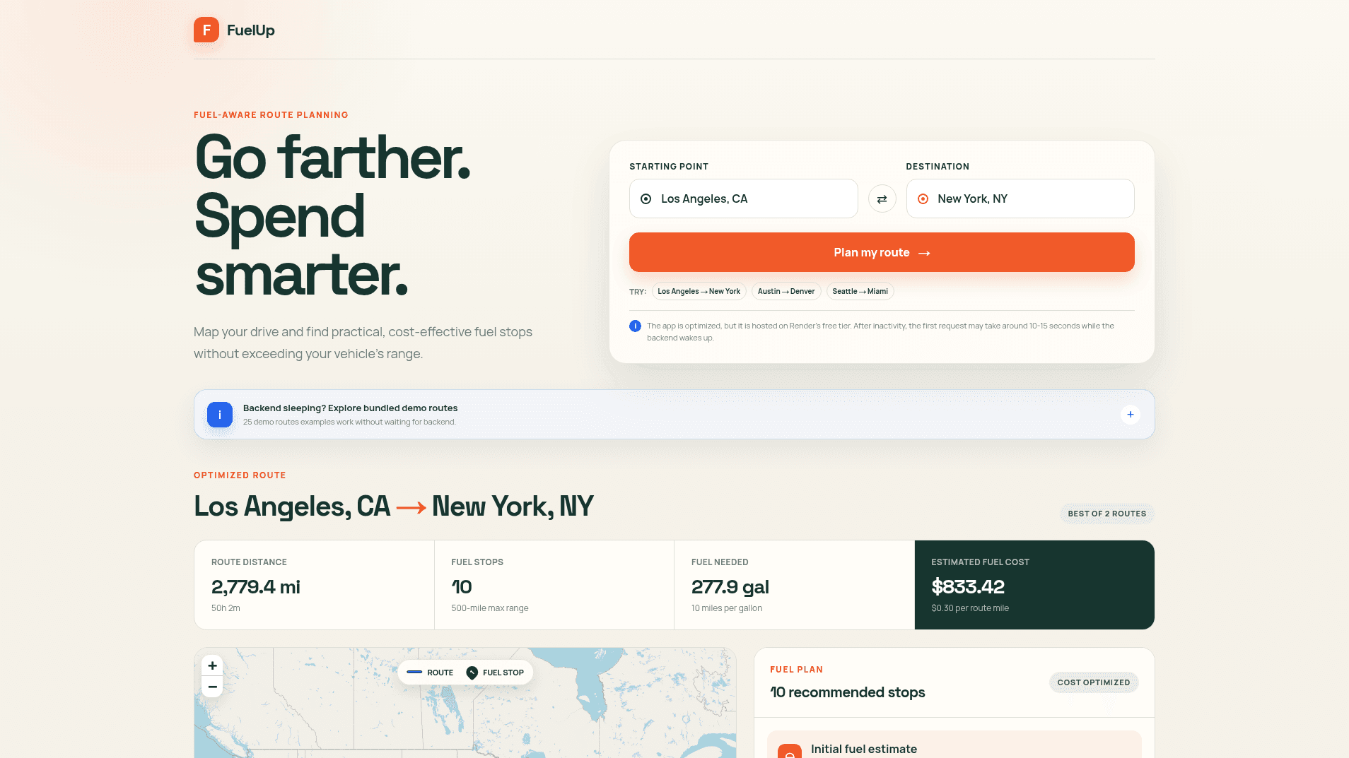 Fuel Up route-planning interface